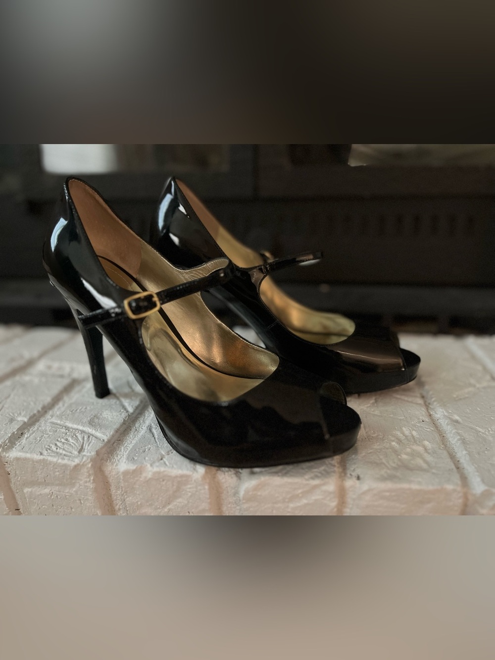 Guess Black Patent Mary Jane Peep-Toe Heels